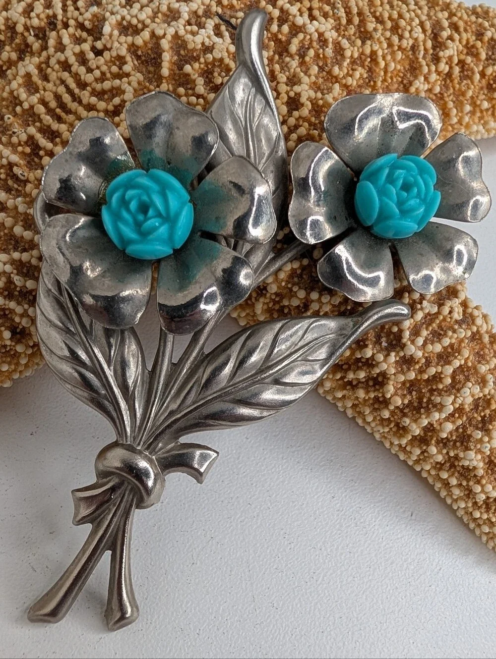 Silver Tone Floral Brooch with Molded Turquoise Resin Roses